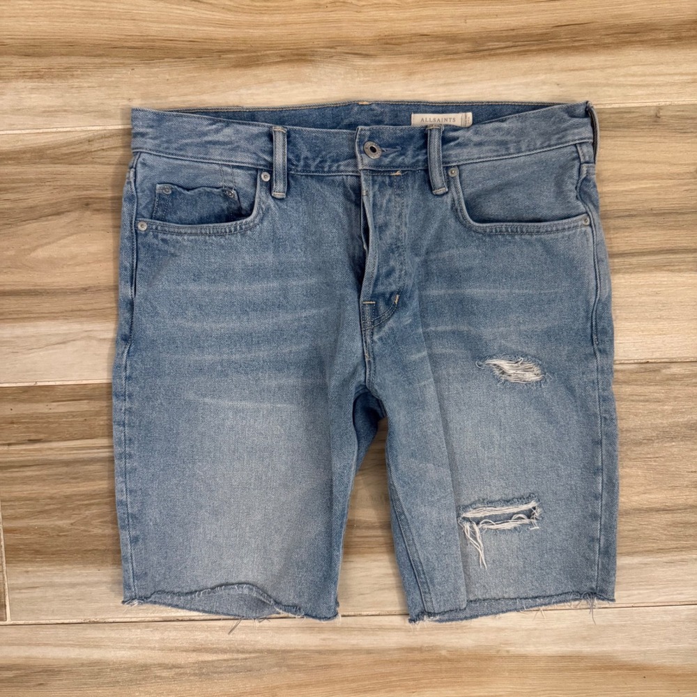 AllSaints Switch Short Damaged Blue Denim Distressed Raw Hem Shorts Mens W31